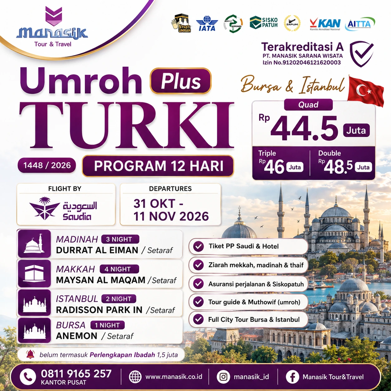 Paket Umroh Plus Turki 2026 program 12 hari keberangkatan 31 Oktober sampai 11 November 2026 Manasik Tour Travel