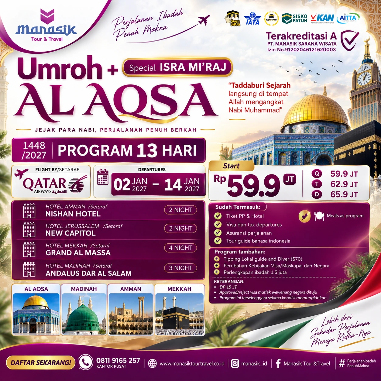 Flyer Umroh Plus Al-Aqsa Special Isra Mi'raj 2 sampai 14 Januari 2027