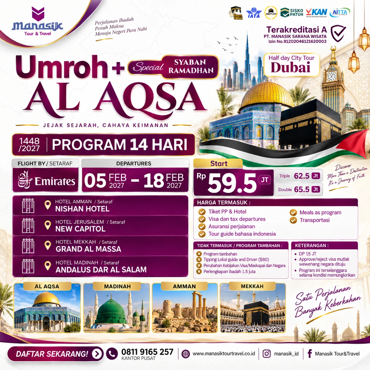 Flyer Umroh Plus Al-Aqsa Special Sya'ban Ramadhan 5 sampai 18 Februari 2027
